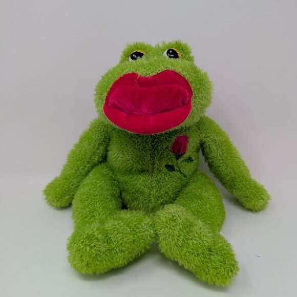 Green Plush Frog With Red Lips & Rose Embroidery On Chest Stuffed Animal Toy  14 - Picture 1 of 5